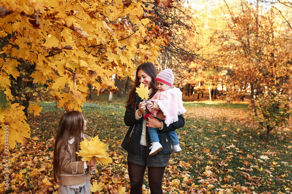 Naklejka premium Pretty little daughters with her mommy walks in autumn park - have funny and collect leaves