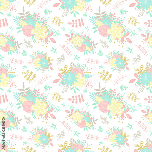Seamless cartoon pattern hand-drawn floral elements, bouquets, flowers and leaves. An illustration in pastel colors for the decor of clothing, things, wraps, gifts, cards and invitations.