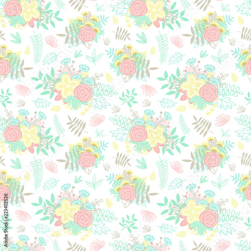 Wallpaper Mural Seamless pattern of cartoon hand-drawn flower items, bouquets, flowers and leaves. Illustration in pastel colors for clothes, wrappers, gifts, cards and invitation cards. Torontodigital.ca