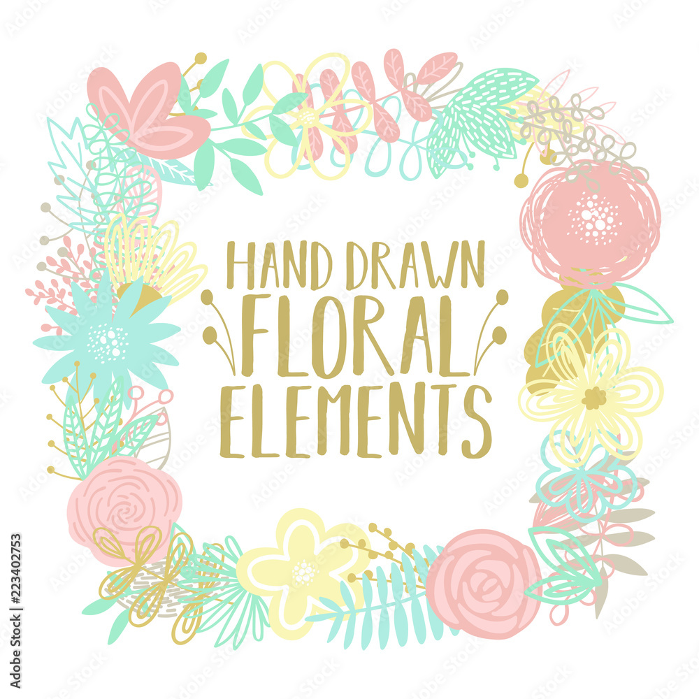 Vector illustration of a square frame made of cartoon hand-drawn floral elements. An image for decoration of postcards, invitations and interiors. Vector illustration of a square frame made of cartoon hand-drawn floral elements. An image for decoration of postcards, invitations and interiors.