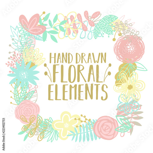 Vector illustration of a square frame made of cartoon hand-drawn floral elements. An image for decoration of postcards, invitations and interiors.