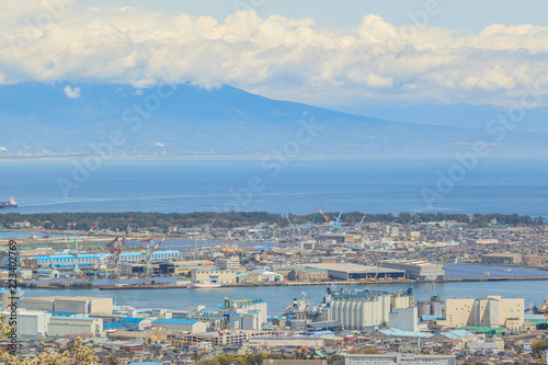 Cityscape of Shimizu bay view point from tea field at nihondaira, Shizuoka, Japan