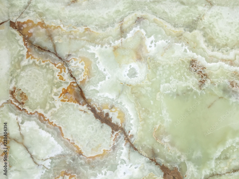Green marble in a cut close-up with white impregnations.