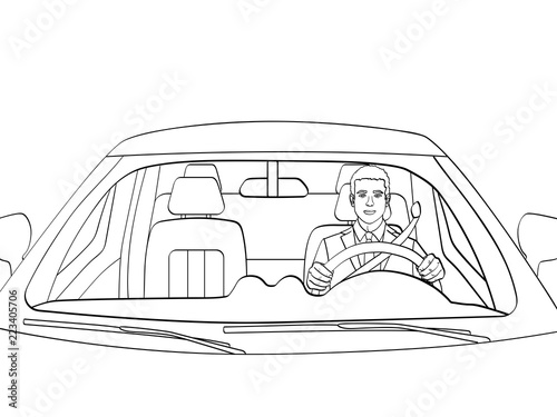 Successful Businessman in Luxury Car. Man Driving a Cabriolet. isolated object coloring, black lines, white background. Vector