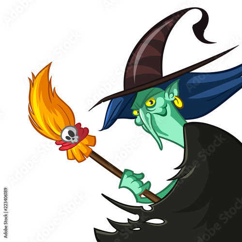 Cartoon witch with cauldron and broom. 