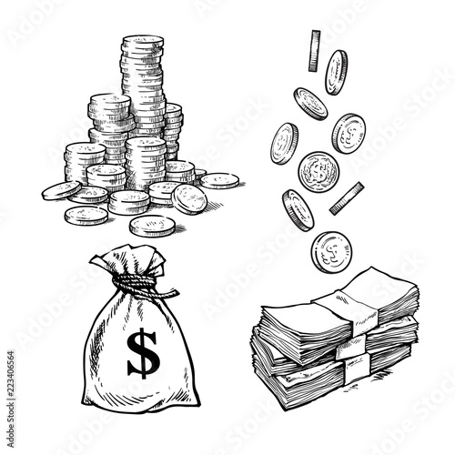 Finance, money set. Sketch of stack of coins, paper money, sack of dollars falling coins in different positions. Black and white hand drawn vector illustration. Vector