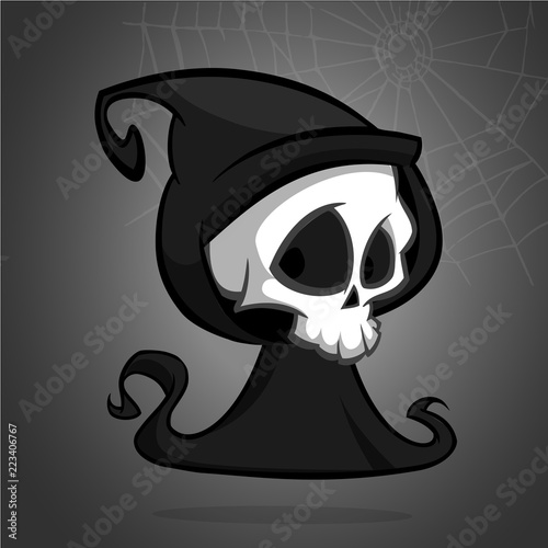 Cute cartoon grim reaper isolated on white. Cute Halloween skeleton death character icon