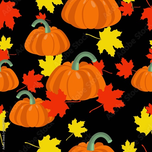 Autumn leaves and pumpkins seamless pattern. Seasonal floral maple leaves with gourds for thanksgiving holiday, harvest decoration vector design.