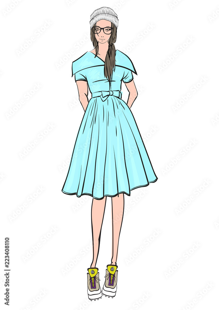 Fashion girl Sketch. Stylish fashion model. Autumn young girl. Fashion girl Sketch. Stylish fashion model. Autumn young girl.