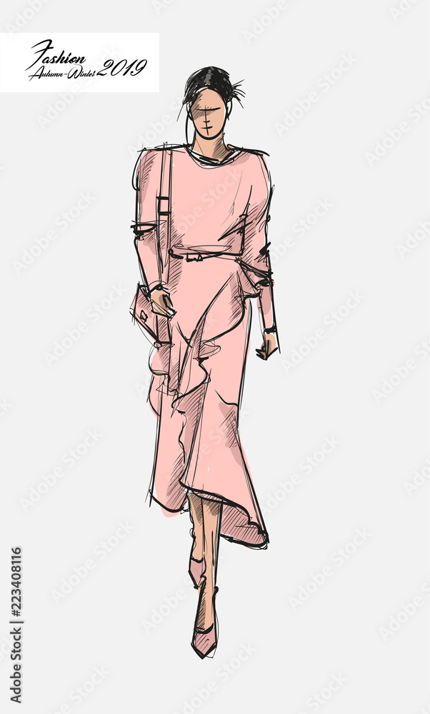 Fashion girl Sketch. Stylish fashion model. Autumn young girl. Fashion girl Sketch. Stylish fashion model. Autumn young girl.