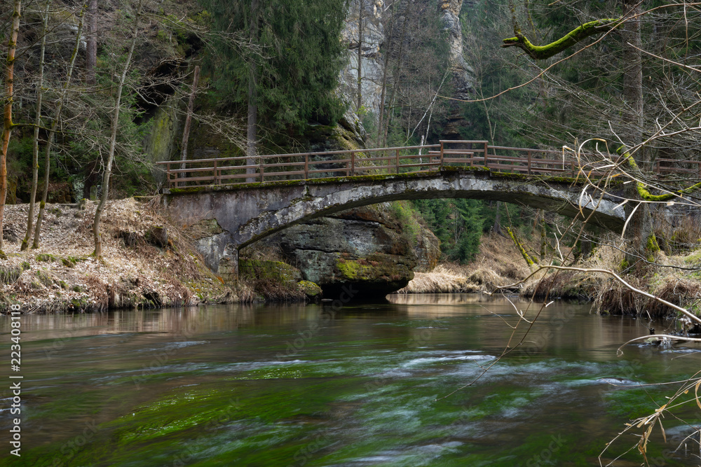 Fototapeta premium Quiet spring river in the forest with old bridge
