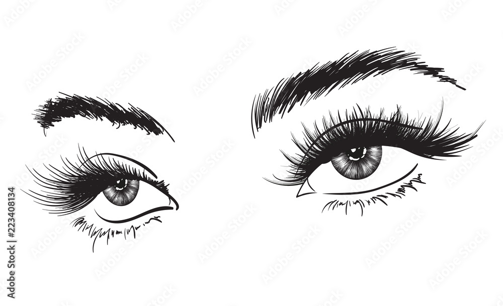 Fototapeta premium Hand-drawn woman's luxurious eye with perfectly shaped eyebrows and full lashes. Idea for business visit card, typography vector. Perfect salon look.