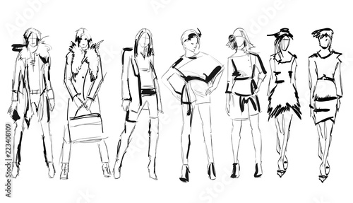 Sketch. Fashion Girls on a white background. Vector illustration.