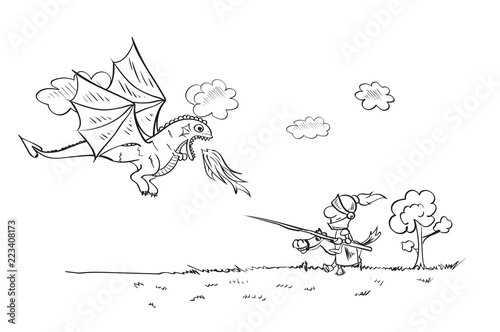 Child's drawing  with a dragon and a knight. Vector sketches with characters of fairy-tales. Sketch on notebook page