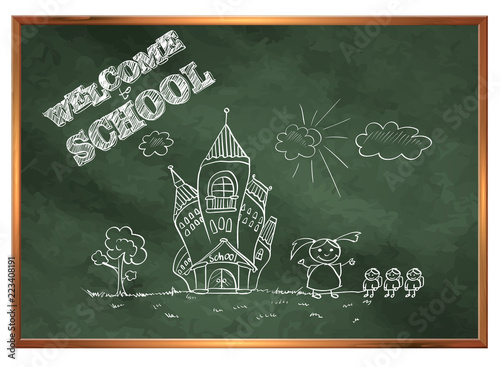 Back to school. Green school board with drawings on the theme of education