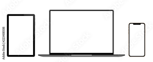 Laptop, Tablet and Smart Phone with blank screen Isolated on white background vector eps 10