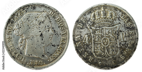 Ancient Spanish silver coin of Queen Isabel II. 1858. Coined in Sevilla. 4 reales. photo