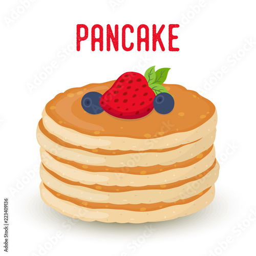 Vector cartoon pile of pancakes with berries. Strawberry, blueberry