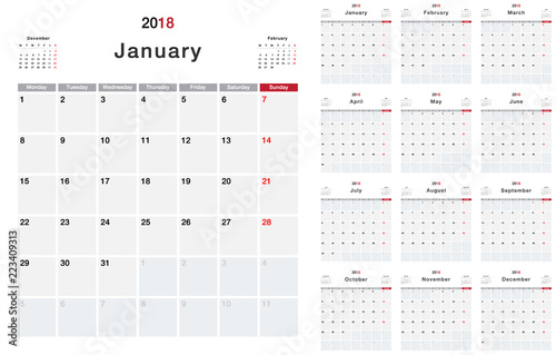 Calendar year 2018 horizontal vector design template, simple and clean design. Calendar for 2018 on White Background for organization and business. Week Starts Monday. Simple Vector Template. EPS10. 
