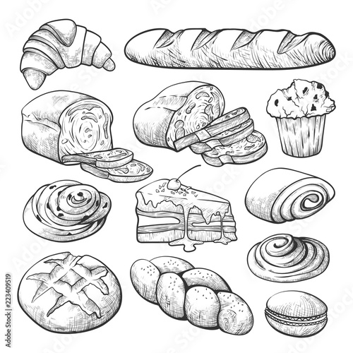 Bakery product sketch, bread and cakes set