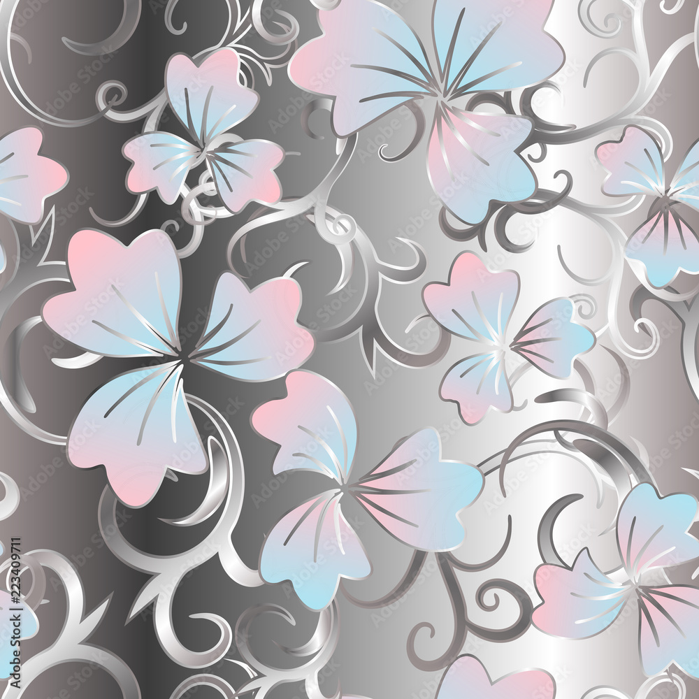 Floral seamless pattern, blue pink flowers on silver background