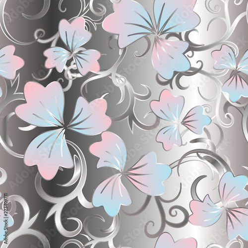 Floral seamless pattern  blue pink flowers on silver background