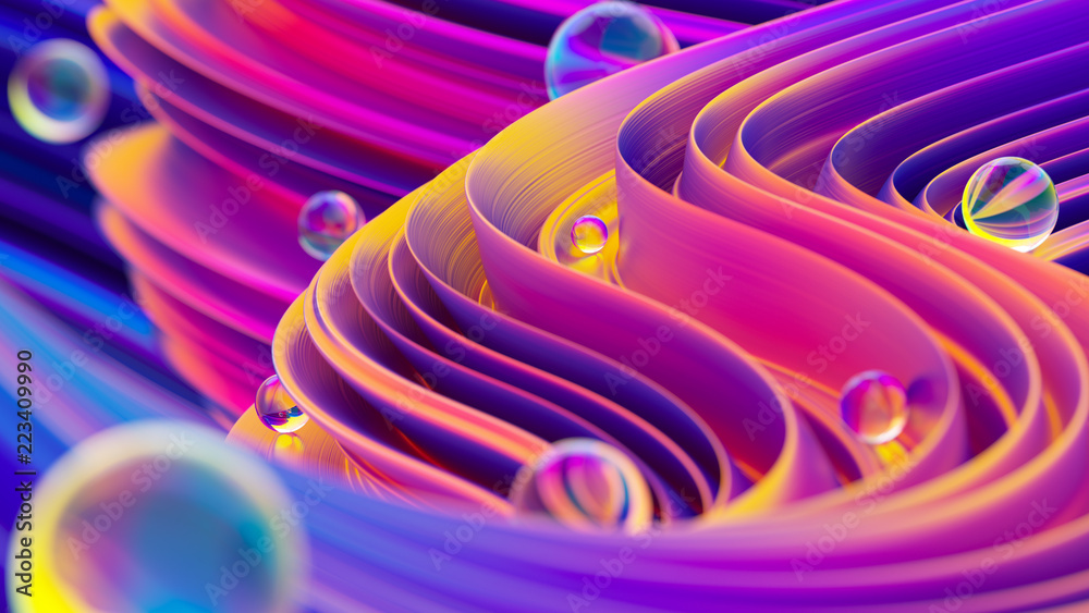 Abstract liquid shapes in motion with glass spheres and bokeh effect - obrazy, fototapety, plakaty 