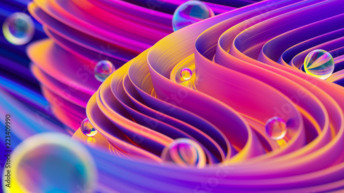 Abstract liquid shapes in motion with glass spheres and bokeh effect