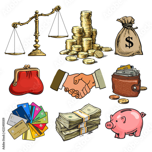 Cartoon business finance money set. Scales, stack of coins, sack of dollars, credit cards, handshake, paper money, purse. wallet, piggy bank. Vector