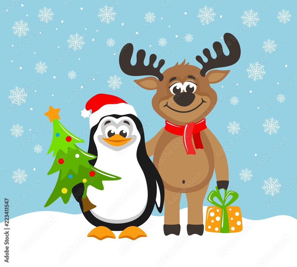 Cute penguin in a Santa Claus hat and funny reindeer. Greeting card for Christmas or New Year on a blue background. Cartoon character with christmas tree and gift box. Flat style. Vector illustration.