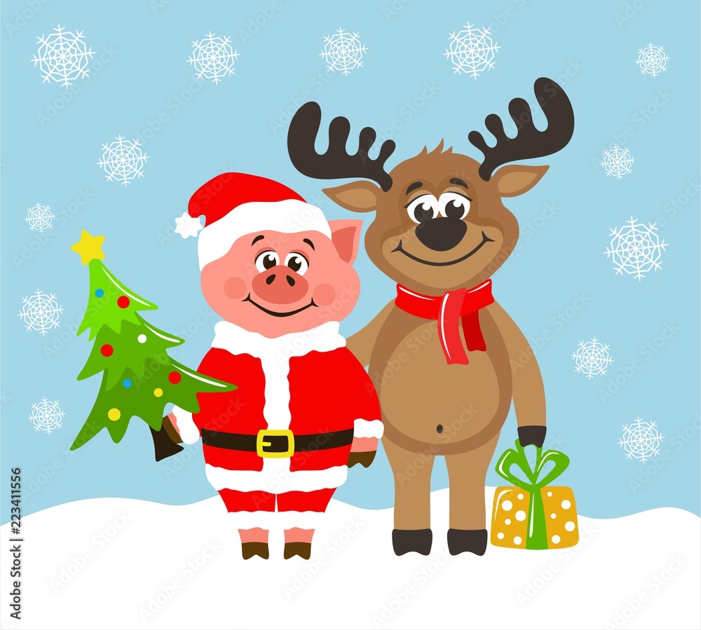 Pig in Santa Claus costume and funny reindeer. Greeting card for Christmas or New Year on a blue background. Cartoon characters with christmas tree and gift box.  Flat style. Vector image for kids.