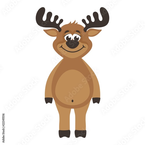 Brown Deer on a white background. Cartoon colorful character for kids. Isolated object. Funny reindeer. Flat style. Vector illustration.