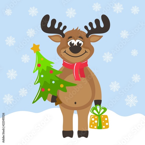 Funny reindeer. Greeting card for Christmas or New Year on a blue background. Cartoon characters with christmas tree and gift box Flat style. Vector illustration for kids.