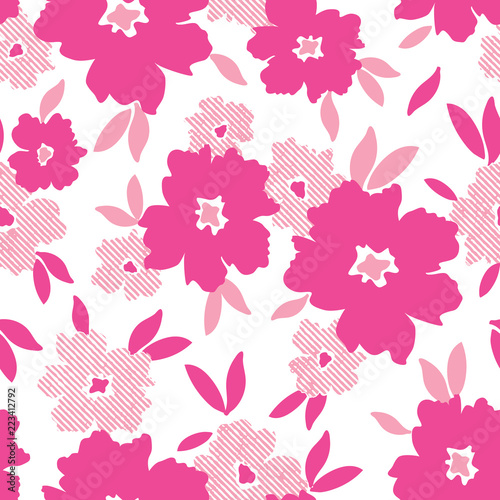 Pink minimalistic flowers scattered on white background vector seamless pattern