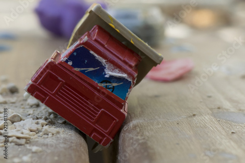 a toy car got into an accident and got stuck