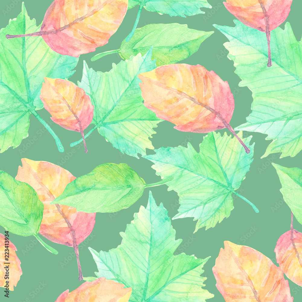 Seamless pattern of a cartoon watercolor fallen autumn leaves of a tree on a green background