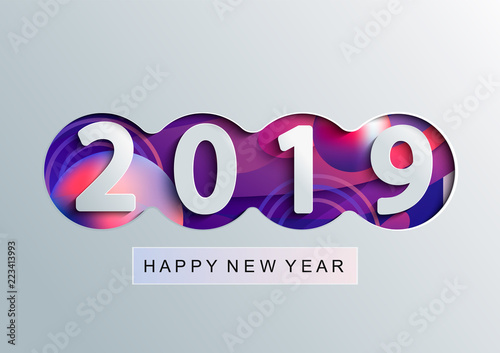 2019 Creative happy new year card in paper style for your seasonal holidays flyers, greetings and invitations cards and christmas themed congratulations and banners. Vector illustration.