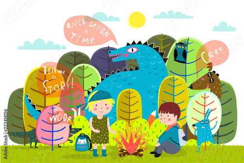 Magic forest kids camping with animals in the forest.