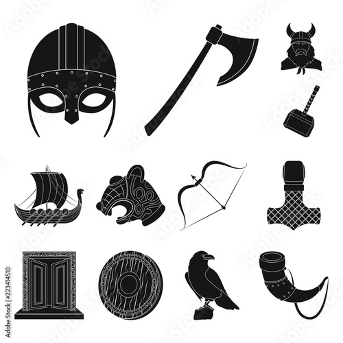 Vikings and attributes black icons in set collection for design.Old Norse Warrior vector symbol stock web illustration.
