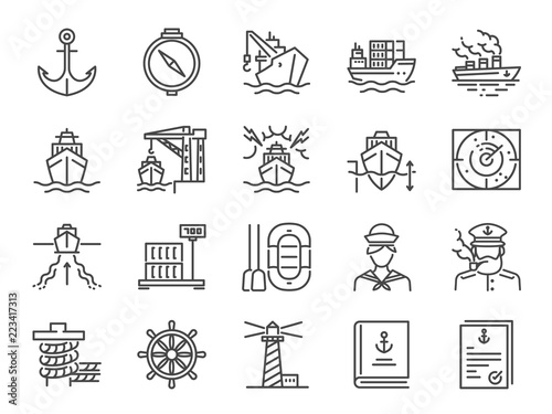 Marine port icon set. Included icons as sea freight services, ship, Shipping, cargo, container and more. photo