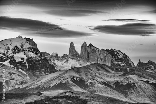 Torres del Paine, Patagonia, Chile with lenticular clouds above. Monochrome image