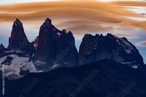 Lenticular clouds over Torres del Paine, Patagonia, Chile at sunset © Mark Hunter