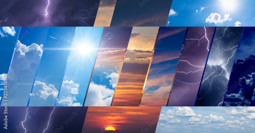 Collage of sky photos with variety weather conditions - obrazy, fototapety, plakaty 