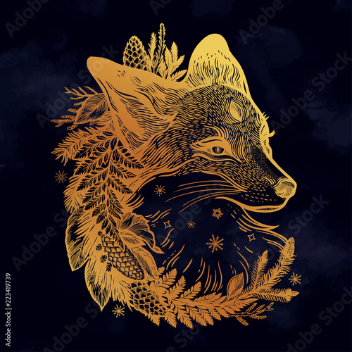 Fox portret in wreath pines