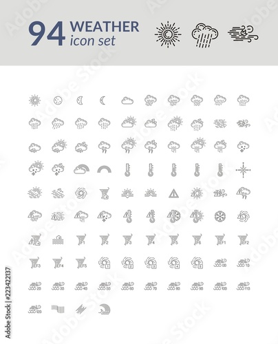Modern weather icons set. Flat, outline vector symbols on light background.