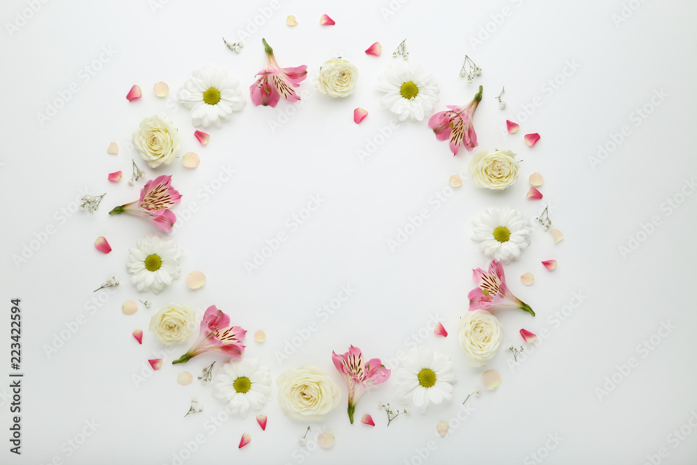 Chrysanthemum, rose and alstroemeria flowers on white background