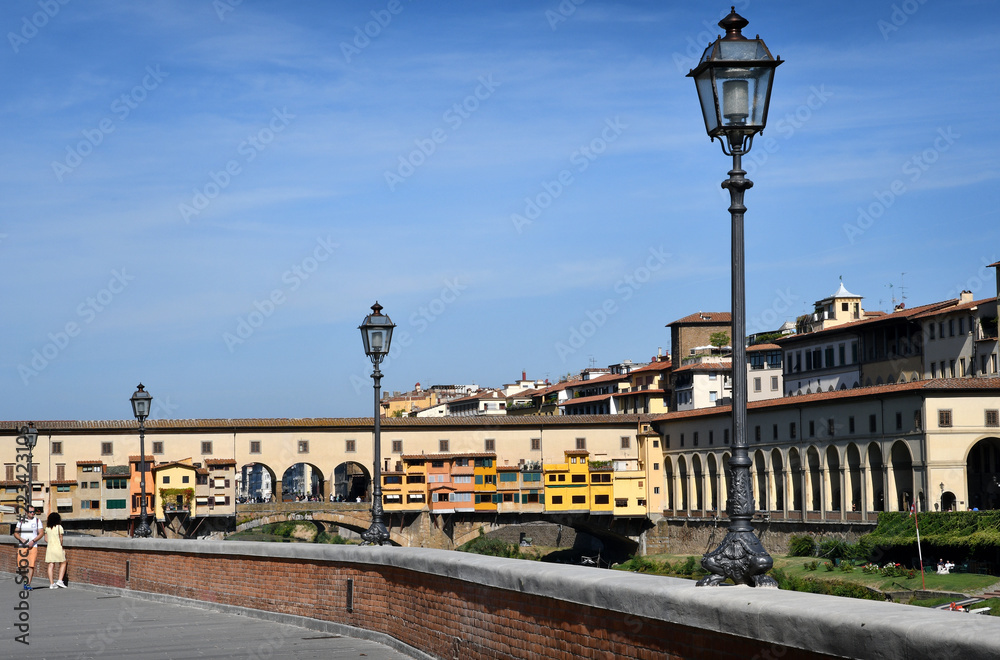 Street lamps near the famous Old Bridge (Ponte Vecchio), Florence. Italy
