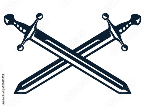 Monochrome vintage icon crossed swords. Simple shape for design logo, emblem, symbol, sign, badge, label, stamp. Hand drawn vector illustration. Military weapons, isolated on white background.