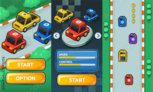2D Game asset pack race car, Interface with item for car racing or traffic game. Complete project for game design. Vector illustration