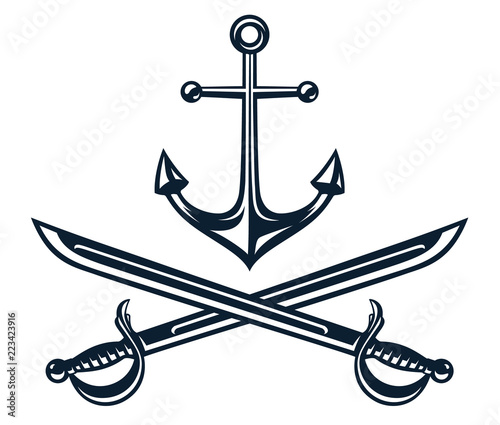 Monochrome vintage icon crossed swords and anchor. Simple shape for design logo, emblem, symbol, sign, badge, label, stamp. Hand drawn vector illustration, isolated on white background.